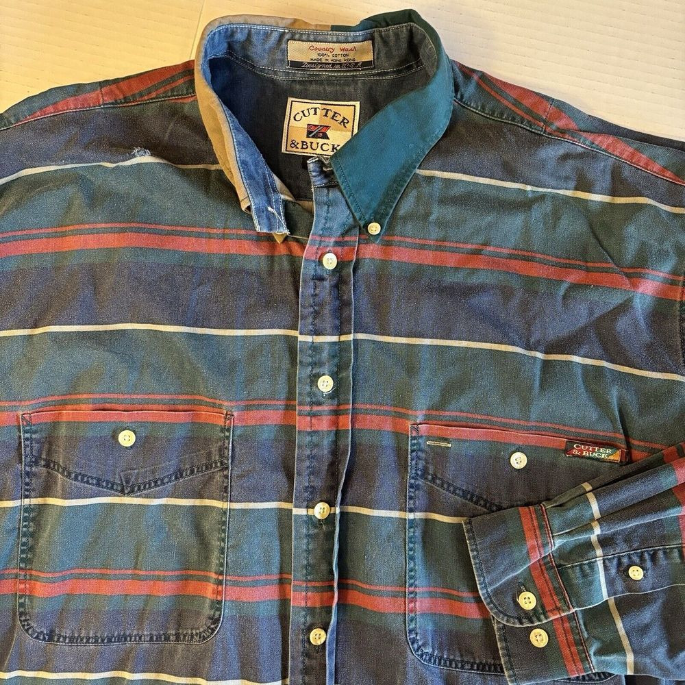 VTG 90s Cutter & Buck Country Wear Striped Denim Button Down Mens XL Red Green‎